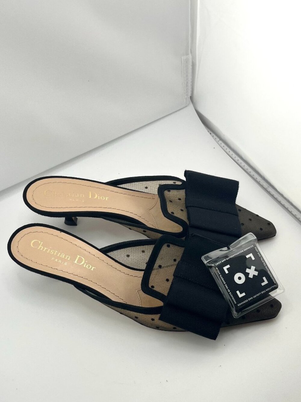 #S46 Christian Dior Polka‑Dot Mesh Bow Mule Heels (Retail $1,680 CAD) Black - Picture 3 of 8
